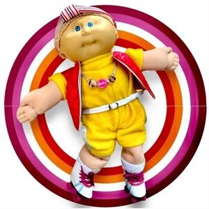 1982 Cabbage Patch Kid blond, Coleco, roller skates, 80s outfit -Barbie necklace